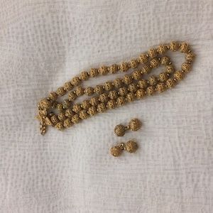 Vintage Monet Gold Tone Filigree Bead Double-Strand Necklace and Clip Earrings
